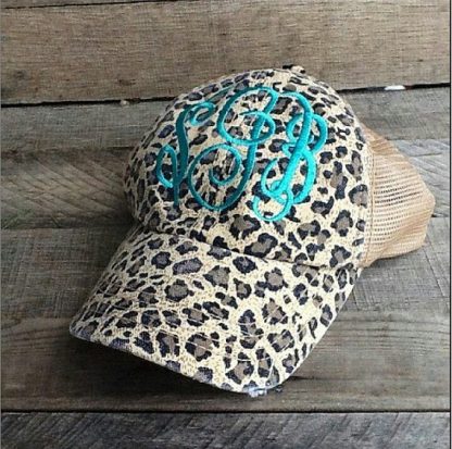 leopard distressed hat with emrboidery monogram